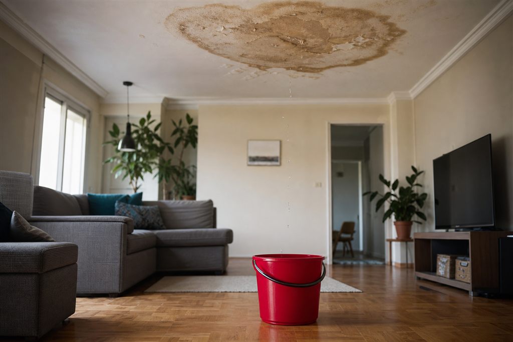 Seau posé sous une fuite au plafond dans un salon